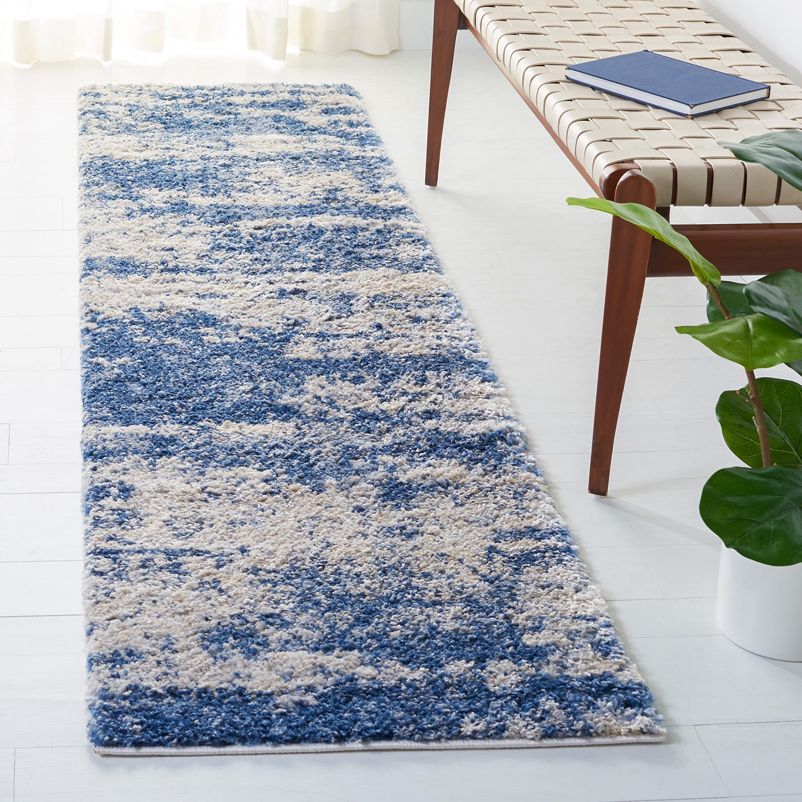 SAFAVIEH Berber Shag Collection Area Rug - 2 x 14 Runner, Beige/Blue, Geometric Design, Ideal for High Traffic Areas in Living