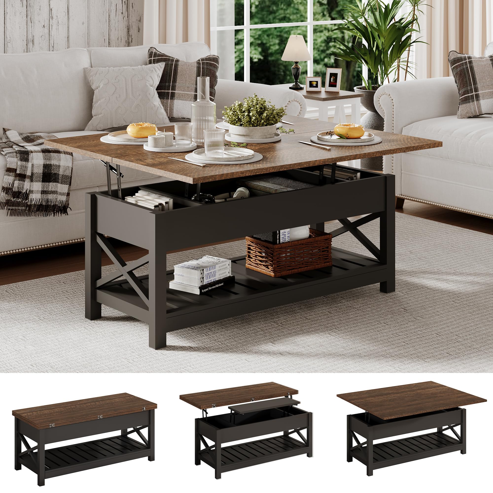 ChooChoo Coffee Table Lift Top, Multi-Function Convertible Coffee Tables with Storage and Hidden Compartment, Coffee Table Conve