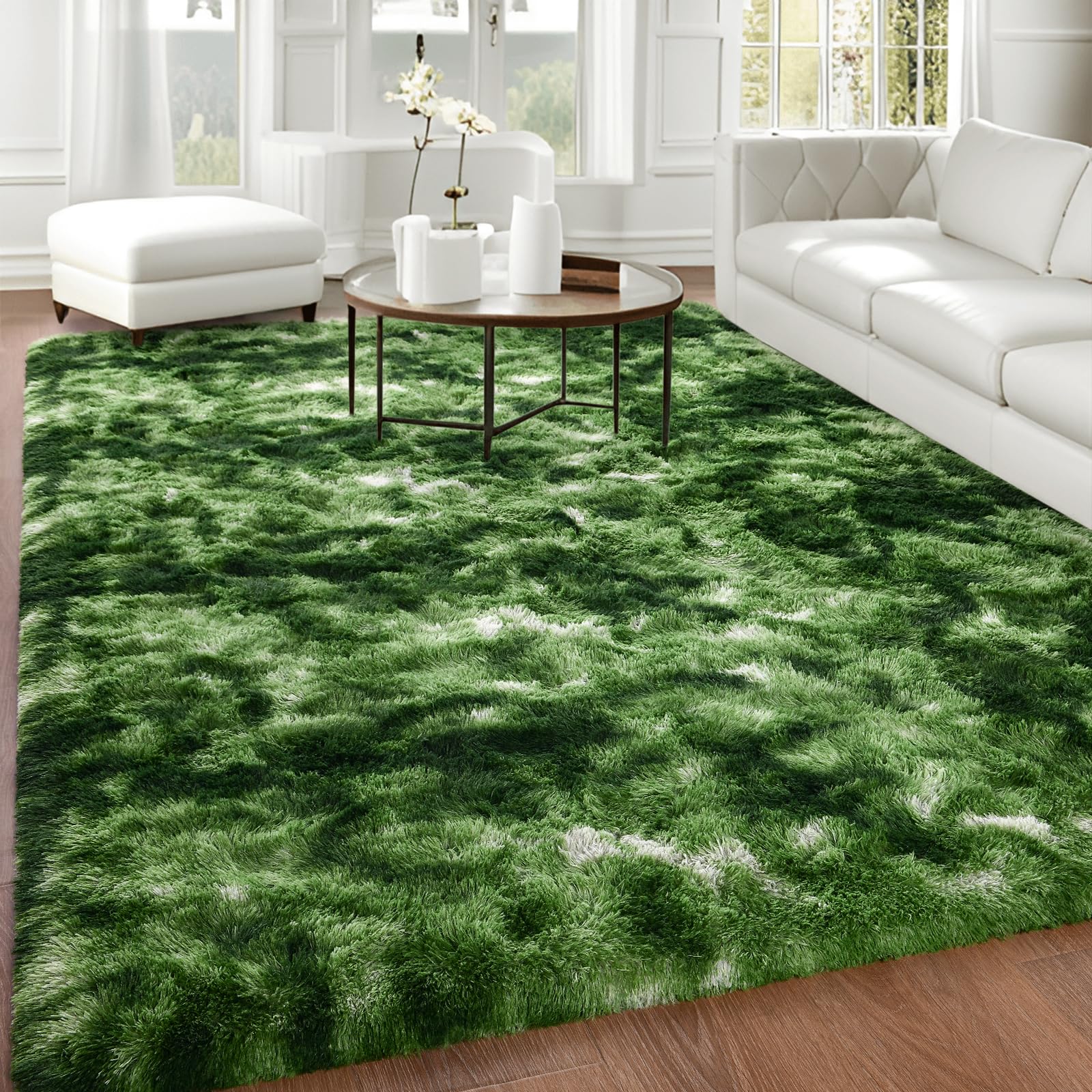 Falark Large Soft Area Rugs For Bedroom Living Room, 6X9 Ft Dark Green Tie-Dyed Fluffy Rug Carpets For Girls Kids Room, Shaggy F