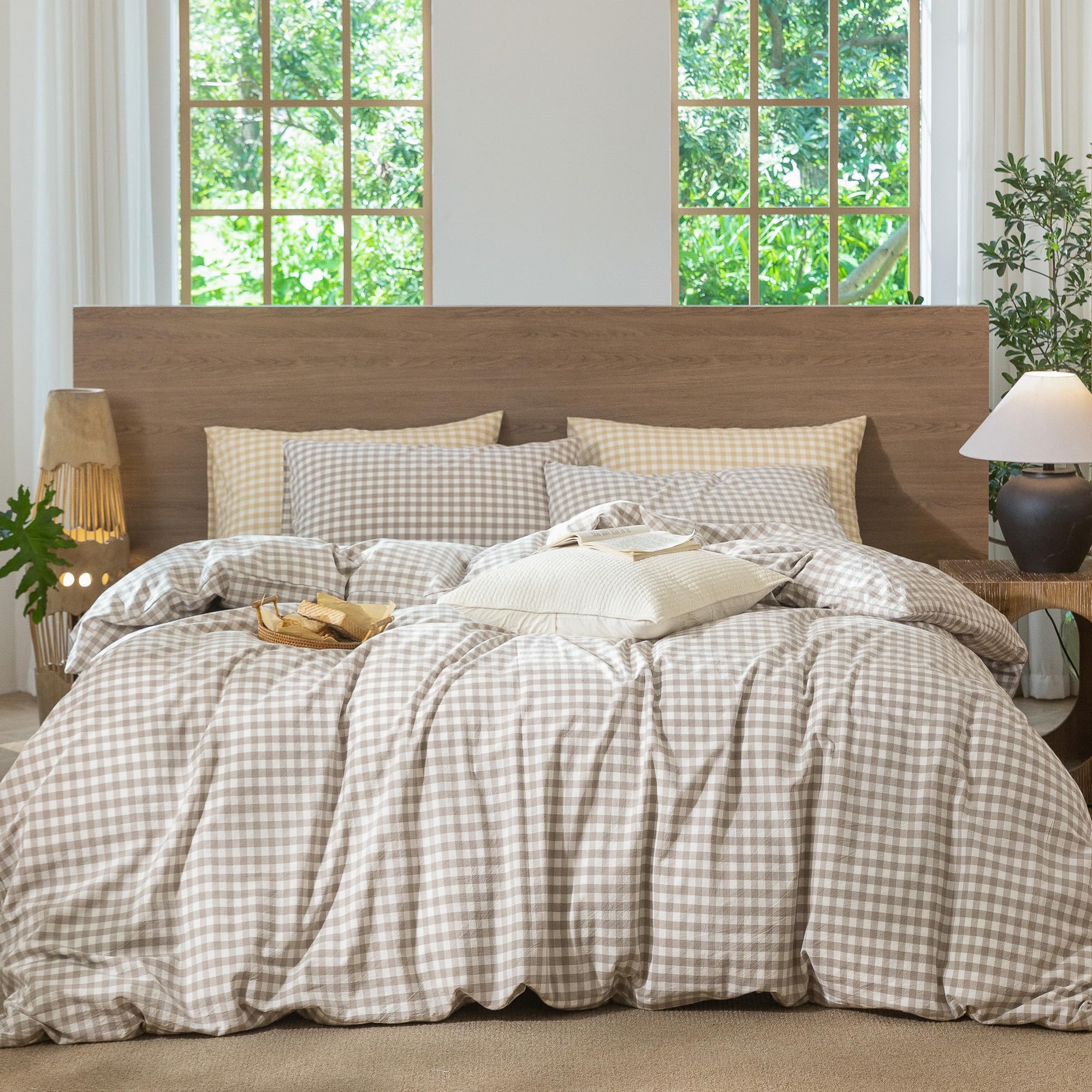 MooMee Gingham Duvet Cover Set 100% Washed Cotton Linen Like Textured Breathable Durable Soft Comfy Modern Checkered Design (Tan
