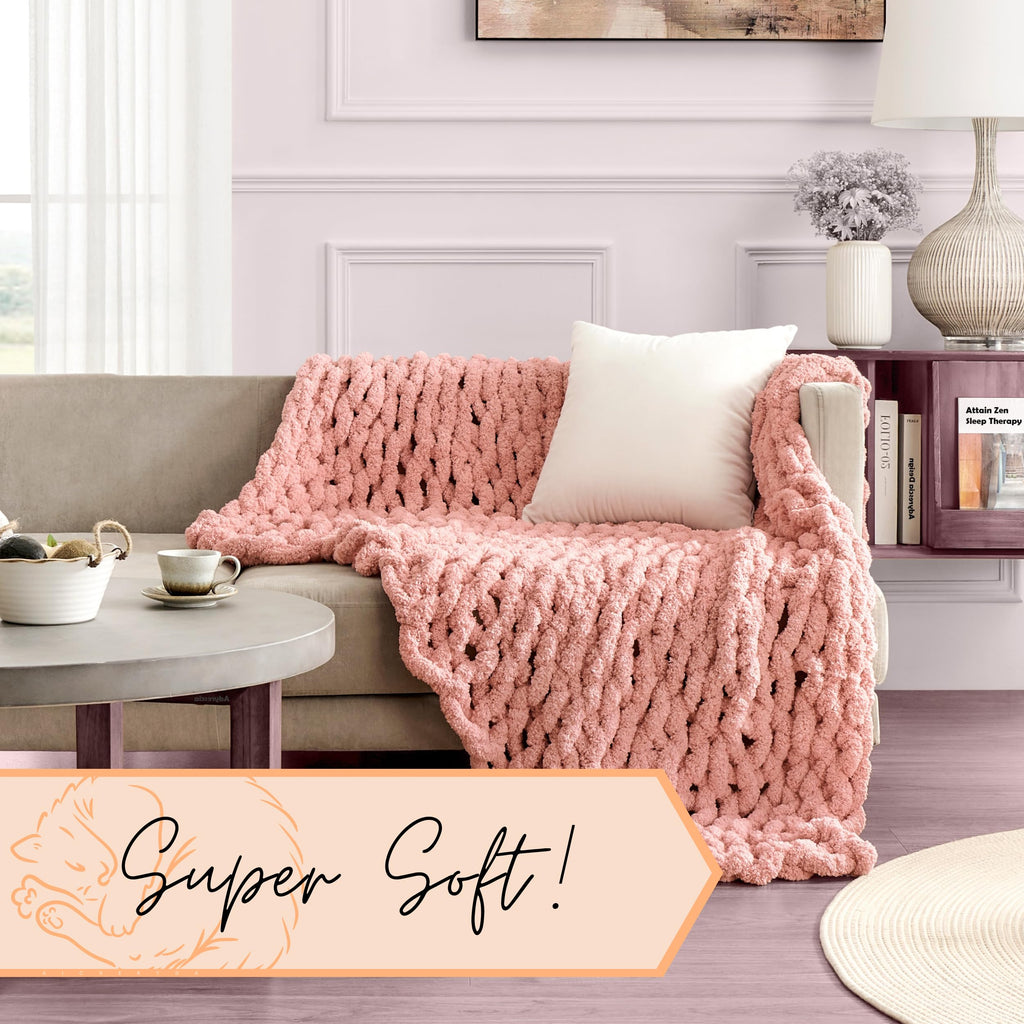 Adyrescia Chunky Knit Blanket Throw | 100% Hand Knit With Jumbo Chenille Yarn (50''X60'', Seashell Pink)