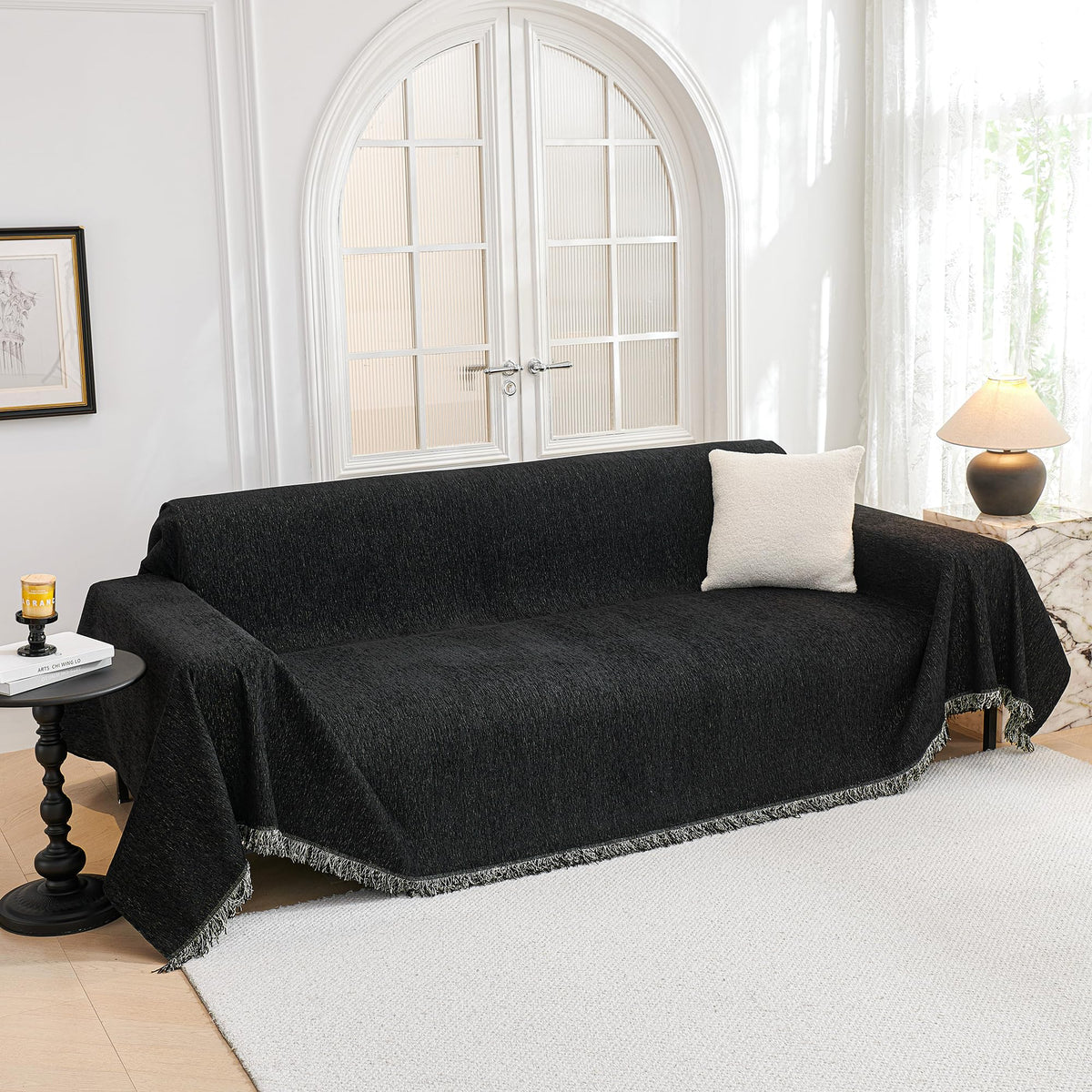 MYSKY HOME Black Chenille Sofa Slipcover Couch Covers for Sectional l Shaped Couch Pets Protector Furniture Covers Futon Cover S