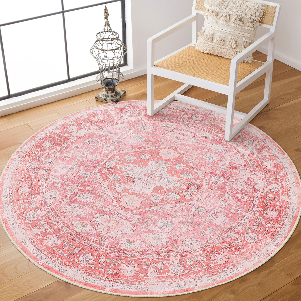 MUJOO Circle Rug 4ft,Pink Round Area Rug Washable,Girls Boho Circular Rugs for Bedroom Entryway Bathroom Living Room,Small Non S