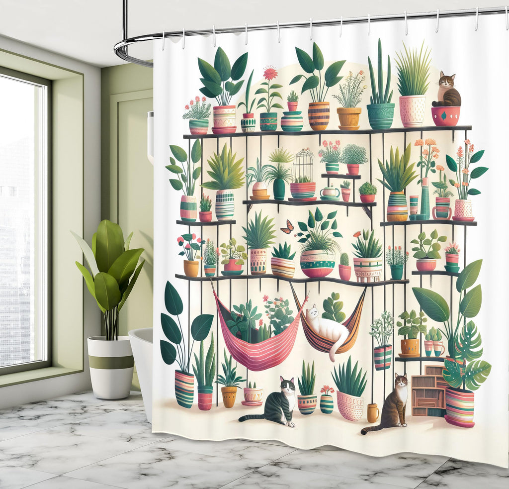 Ambesonne Aesthetic Shower Curtain, Indoor Garden Illustration With Cats And Bohemian Pots Print, Cloth Fabric Bathroom Decor Se