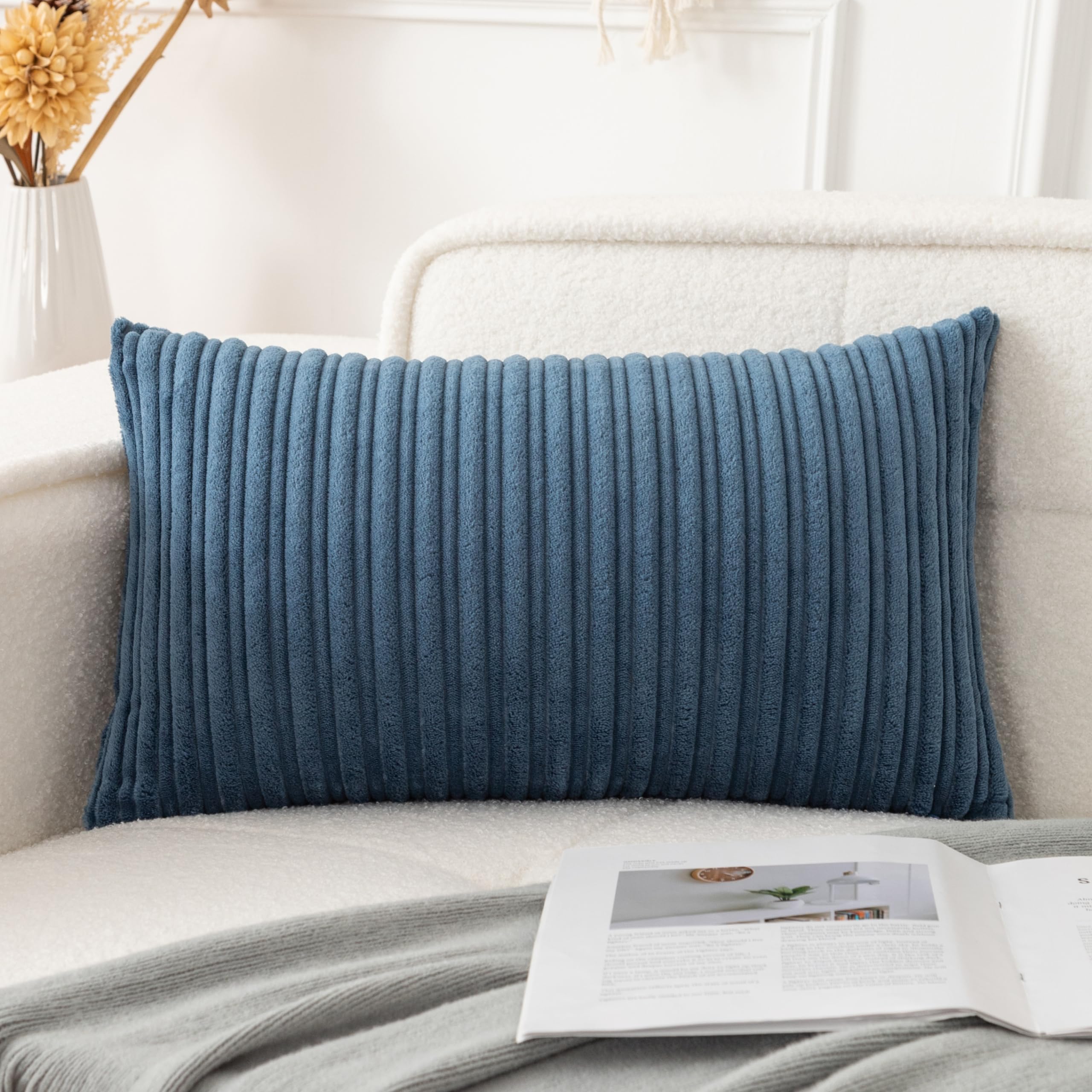 Ugasa Velvet 12X20 Inch Lumbar Soft Throw Pillow Cover Boho Farmhouse Decorative Corduroy Striped Both Sides Solid Rectangular C