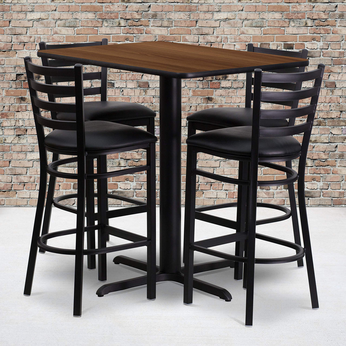 Flash Furniture 24''W x 42''L Rectangular Walnut Laminate Table Set with 4 Ladder Back Metal Barstools - Black Vinyl Seat