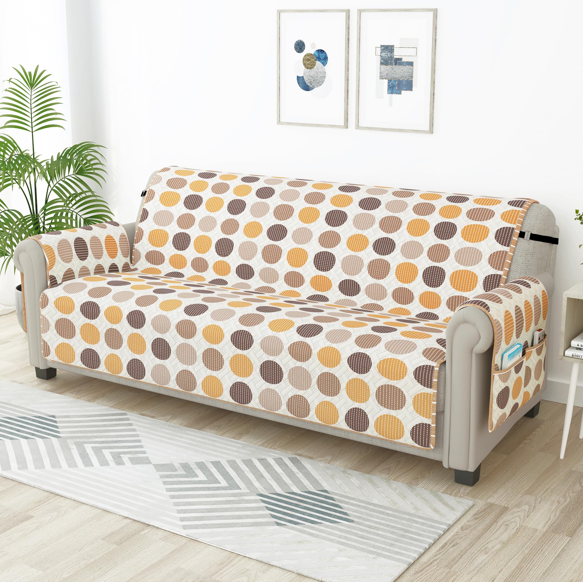 Story@Home Quilted Sofa Cover 4 Seater Fully Covered Microfiber Sofa Cover 4 Seater 175 X 220 Cm Off Beige & White, Printed 4 Se