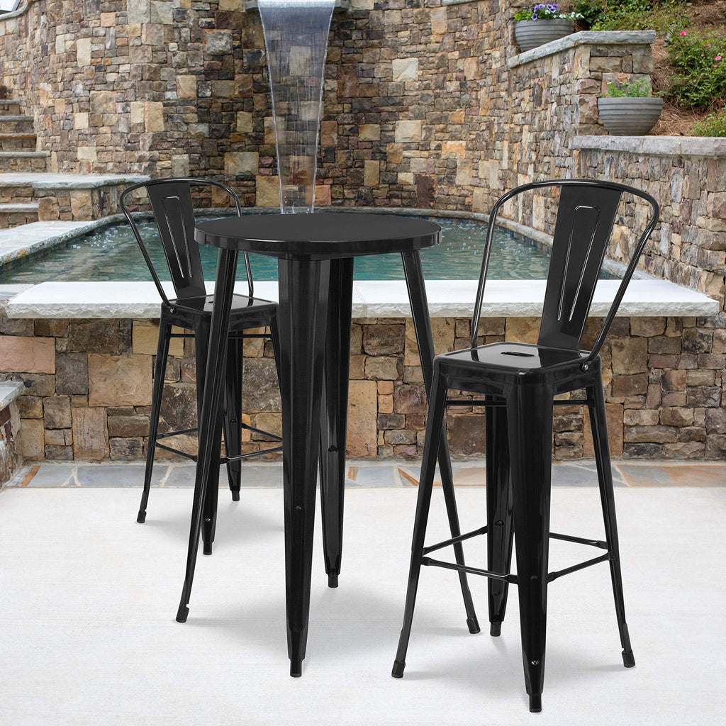 Flash Furniture Nichols Commercial Grade 24" Round Black Metal Indoor-Outdoor Bar Table Set With 2 Cafe Stools