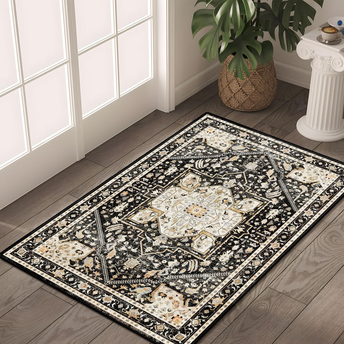 MUJOO Black Small Rug Washable,Boho Area Rugs for Bathroom Entryway Entry Entrance Bedroom,Front Door Mat Soft Carpet Indoor Vin