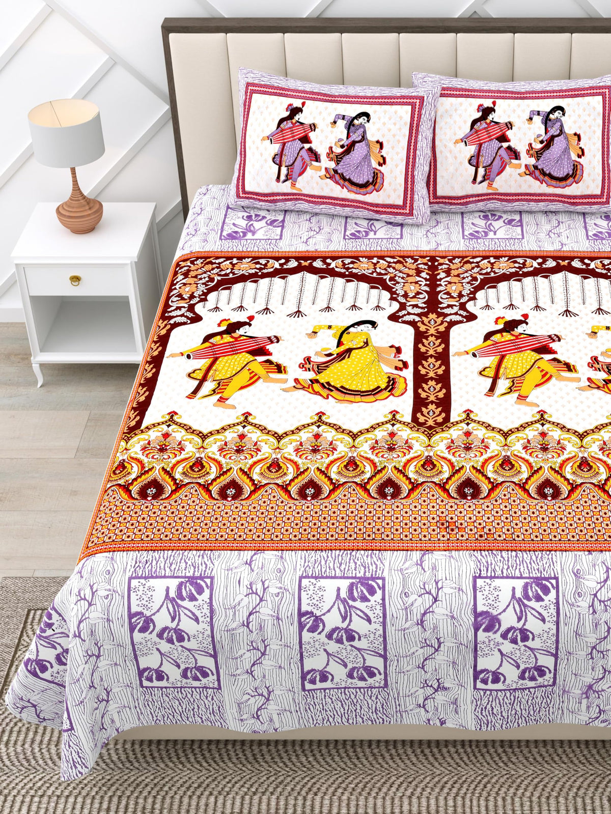 RajasthaniKart Pure 100% Cotton Double Bed Sheet with 2 Pillow Covers (Bedsheet for Double Bed Cotton, Jaipuri, King Size Purple
