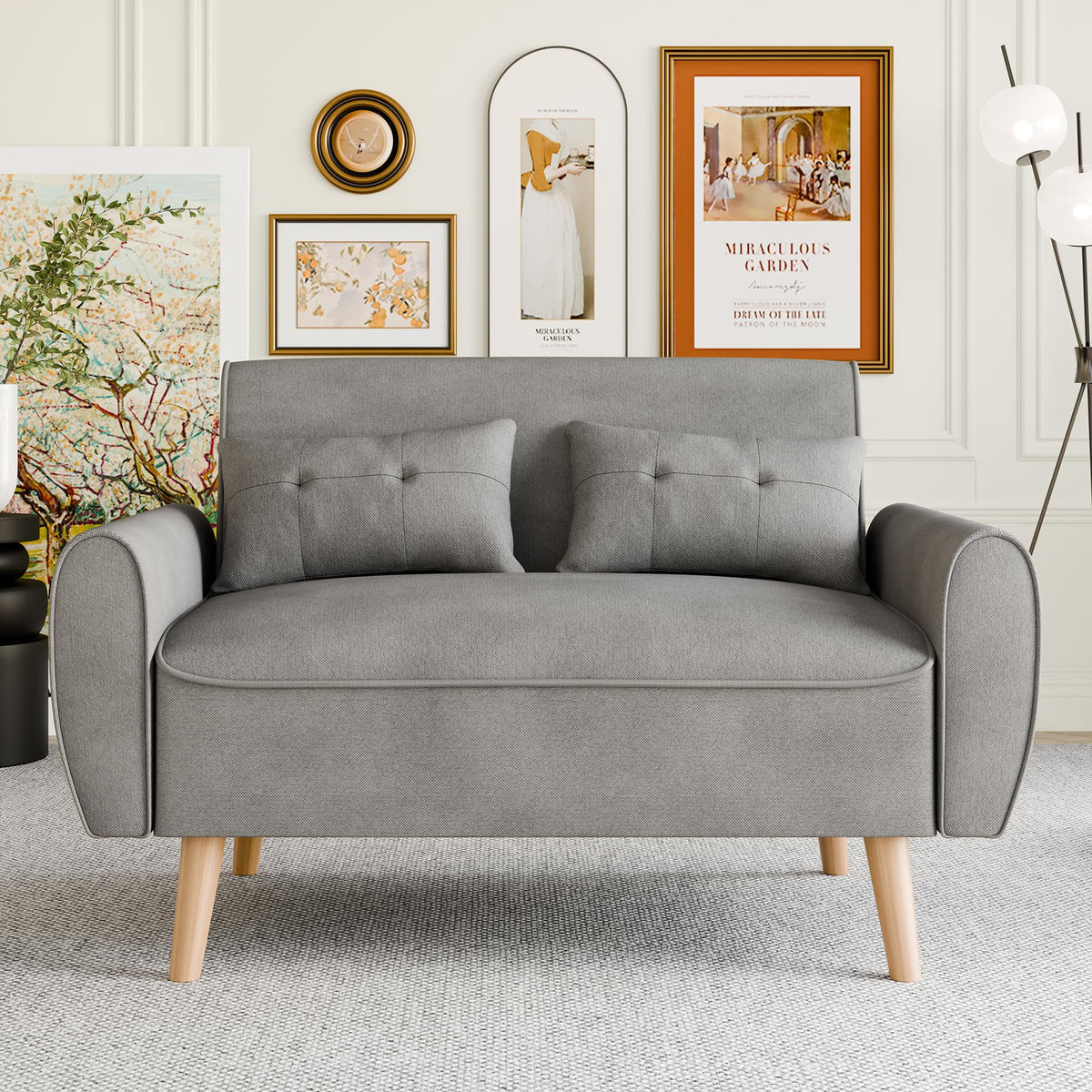Vongrasig 47 Small Modern Loveseat Sofa, Mid Century Linen Fabric 2-Seat Sofa Couch Tufted Love Seat with Back Cushions and Tape