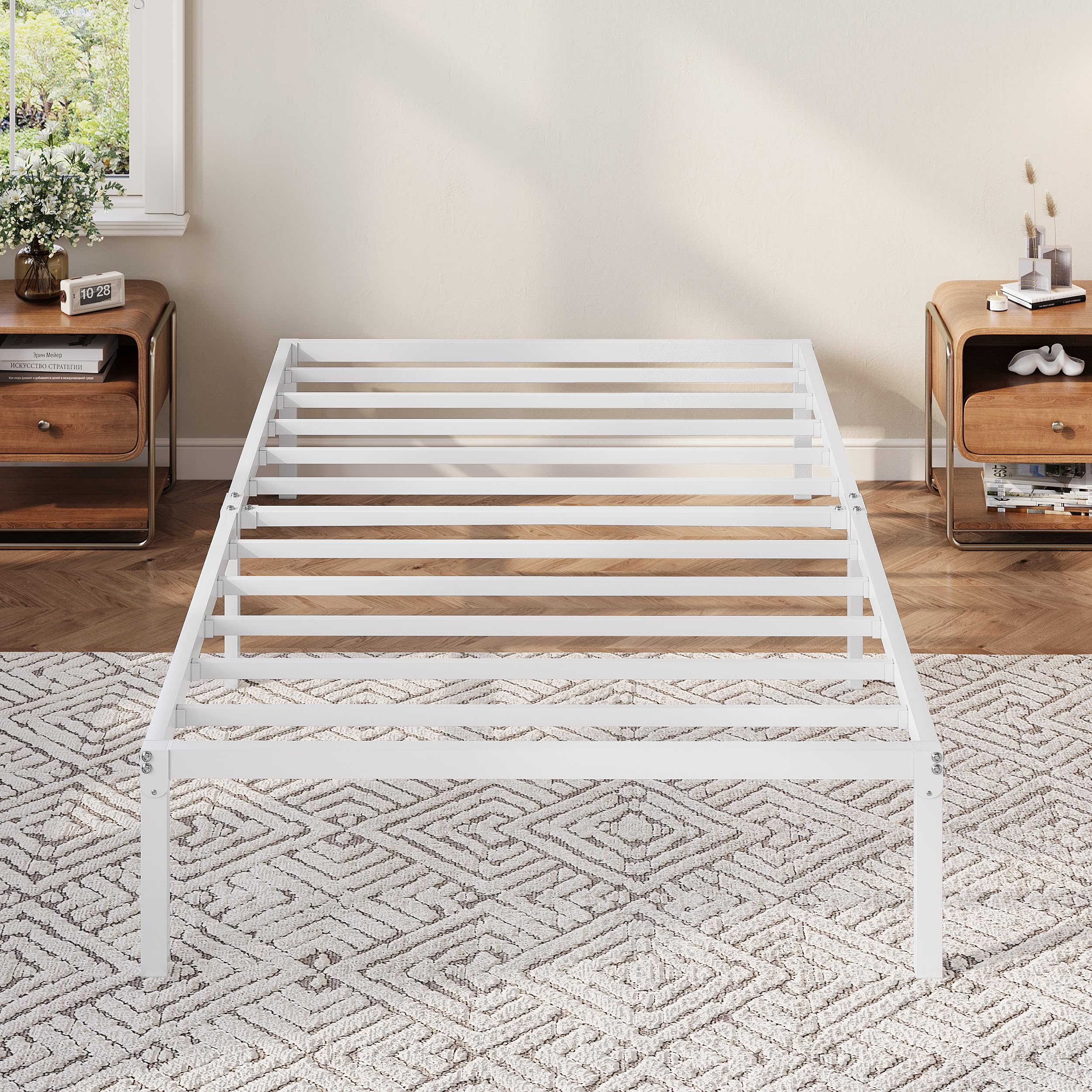 Allewie Twin Bed Frame, 12 Inch Metal Platform Beds with Storage Space, No Box Spring Required and Easy Assembly, White