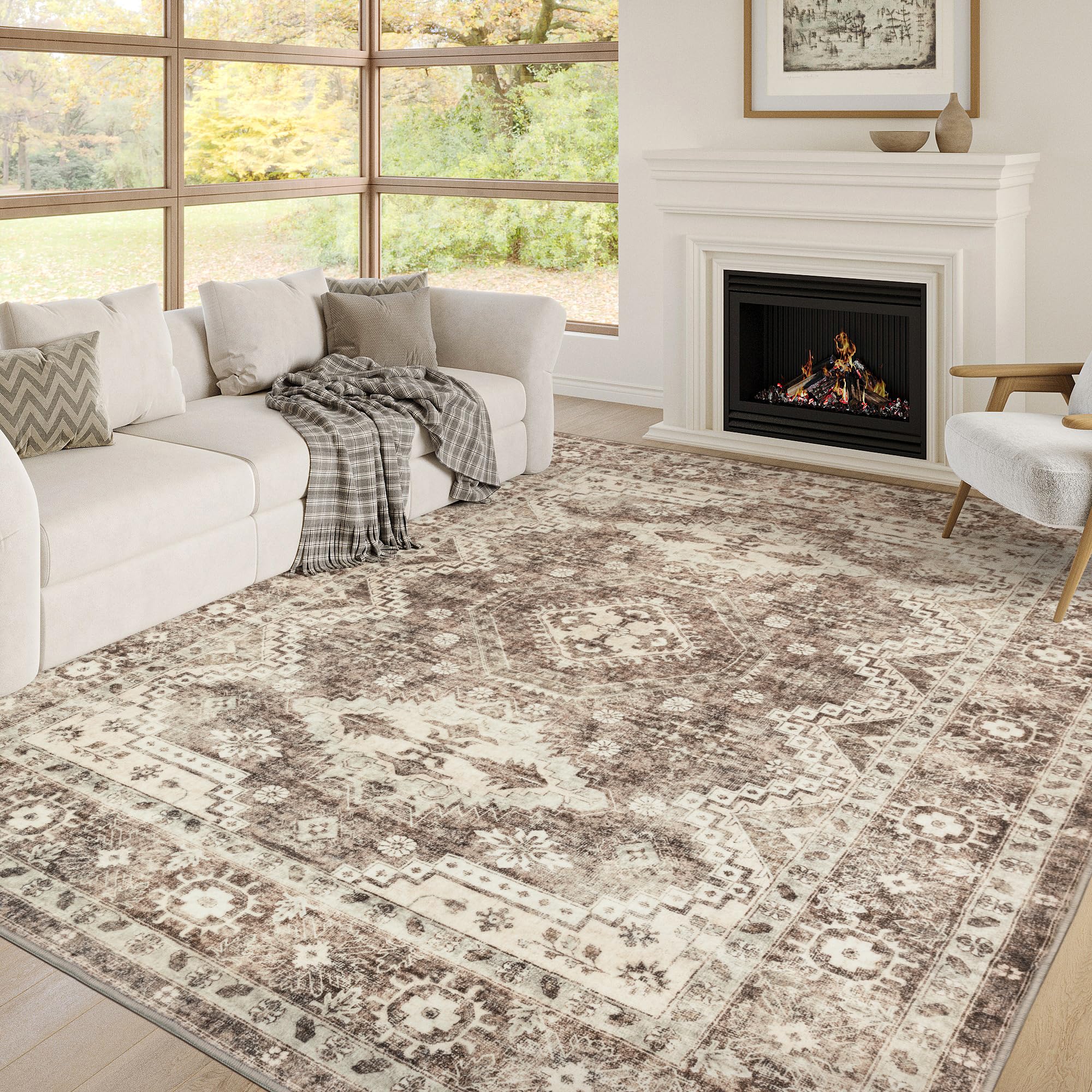 Rugland 6x9 Rug - Stain Resistant Washable Rug, Anti Slip Backing Rugs for Living Room, Vintage Tribal Area Rugs (TPR07-Ivory, 6