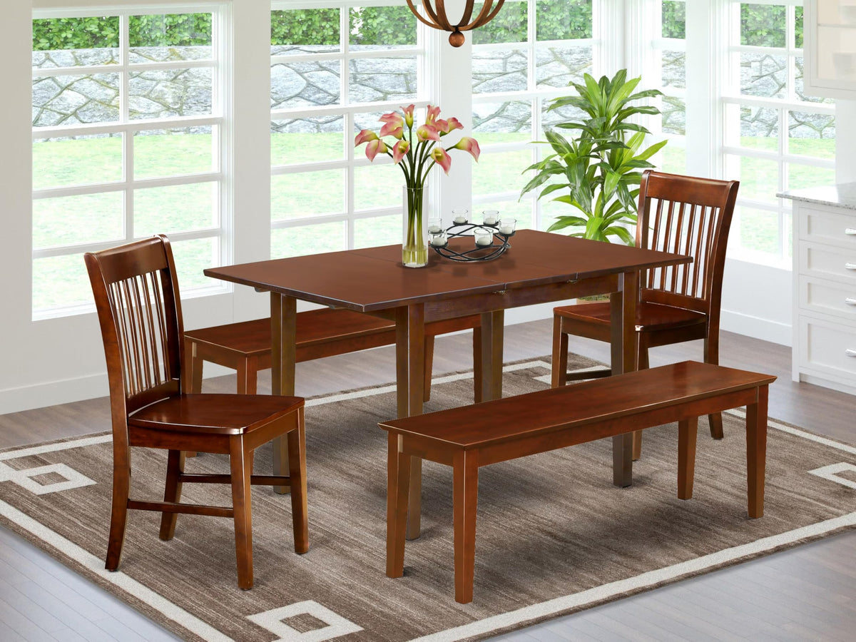 East West Furniture NOFK5C-MAH-W 5 Piece Dining Set Includes a Rectangle Dining Table with Butterfly Leaf and 2 Kitchen Chairs with 2 Benches, 32x54 Inch, Mahogany