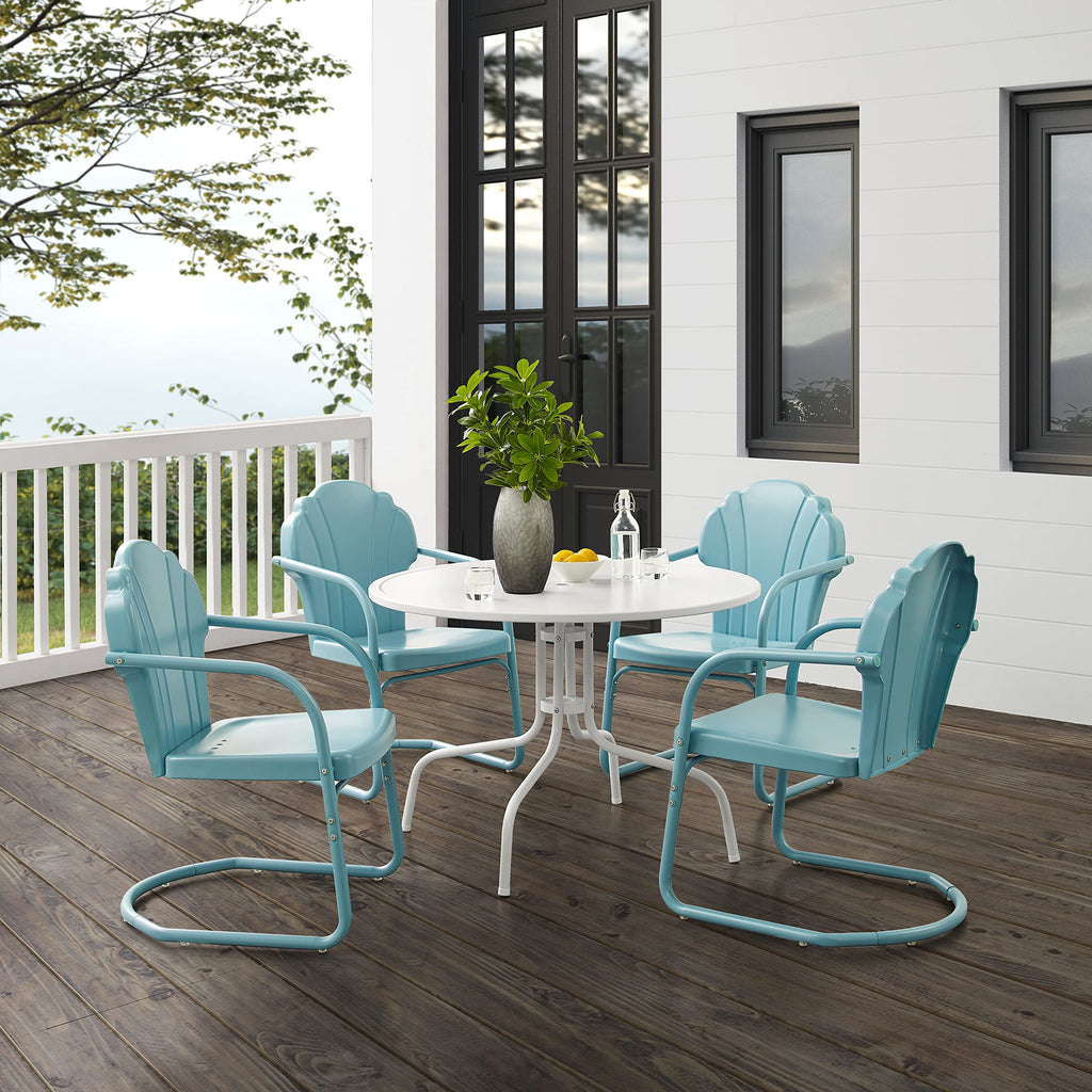 Crosley Furniture Tulip 5-Piece Outdoor Dining Set For 4, Retro Metal Round Patio Table And Chairs For Deck, Pastel Blue Satin