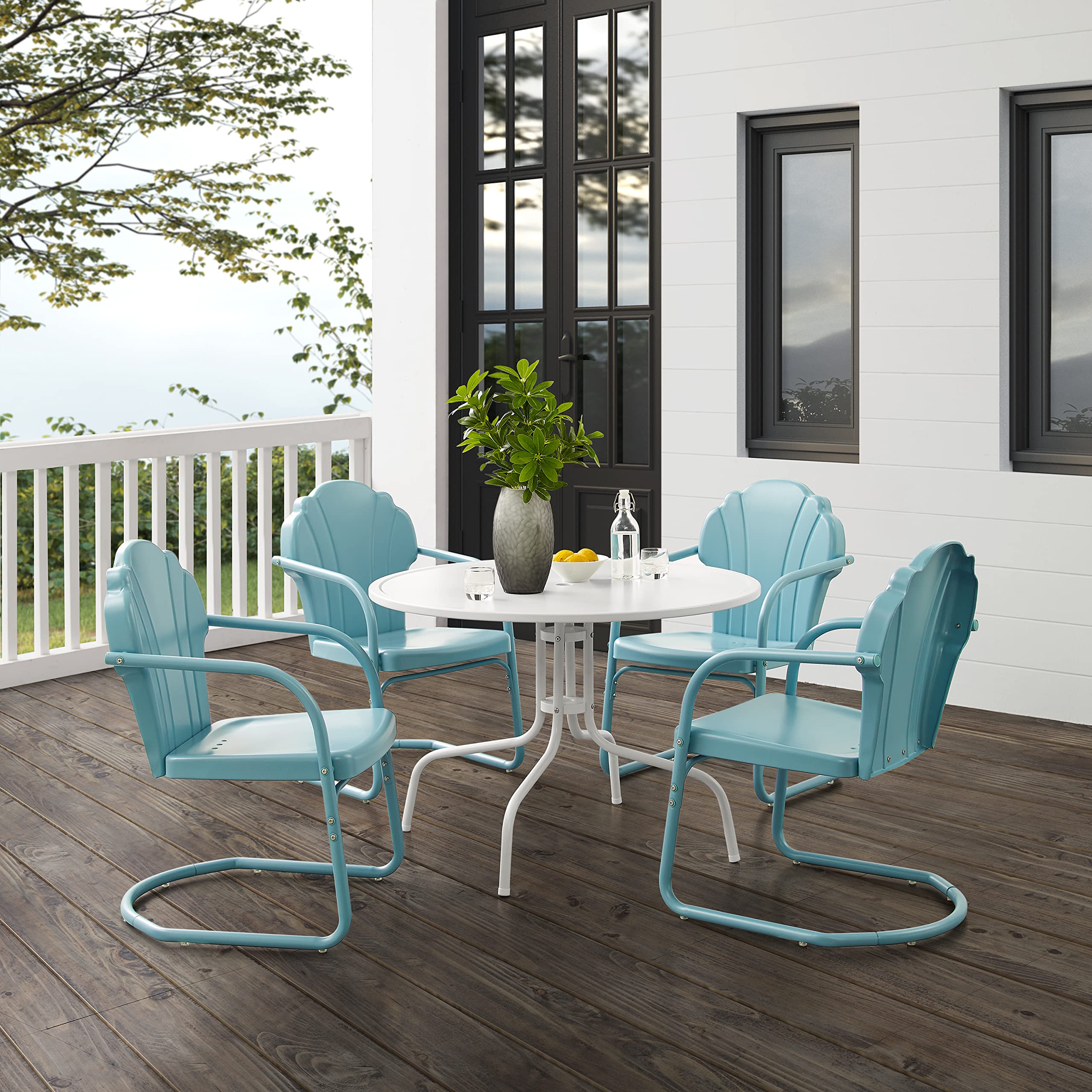 Crosley Furniture Tulip 5-Piece Outdoor Dining Set For 4, Retro Metal Round Patio Table And Chairs For Deck, Pastel Blue Satin