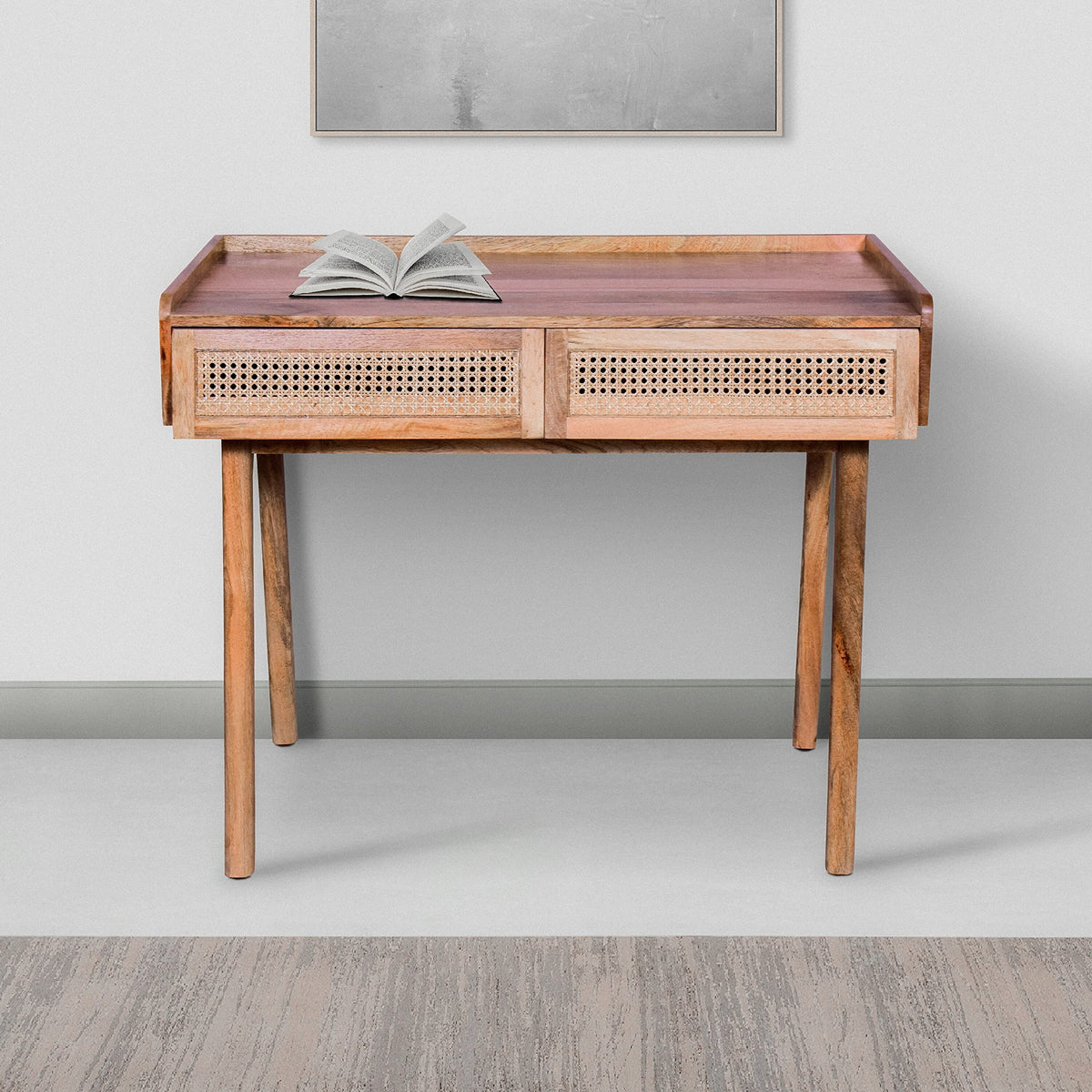 The Kashth 39 Inch Handcrafted Solid Sheesham Wood Writing Desk/Study Desk, 2 Rattan Front Drawers For Living Room/Bedroom/Study