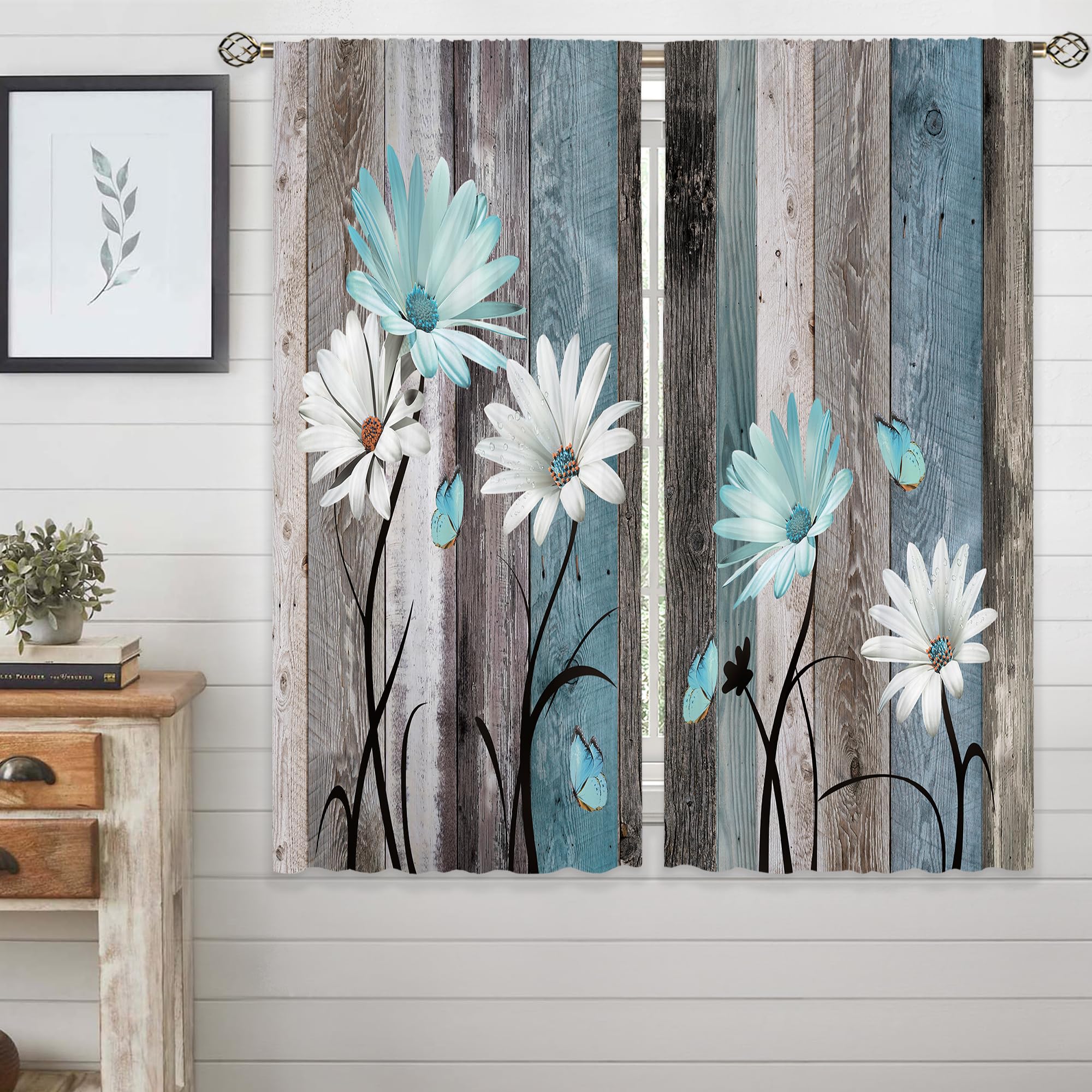 Laifzere Teal Farmhouse Daisy Curtains, Wooden Flower Window Curtains 29X63 Inch For Bedroom Living Room Decor, Rustic Floral Bu
