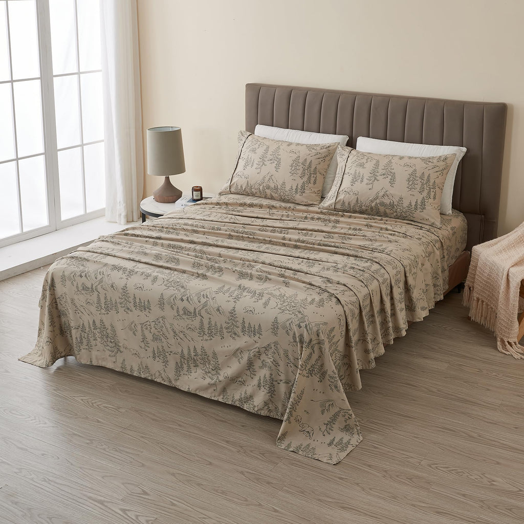Great Bay Home 3-Piece Twin Microfiber Sheet Set Lodge-Printed, Ultra-Soft, Wrinkle & Fade-Resistant Patterns Drawn From Nature All-Season Bedding Sheets & Pillowcases (Twin, Bear Mountain)