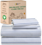 California Design Den Stripe Sheets Queen, 100% Organic Cotton Percale Sheets, Deep Pocket Queen Sheets & Pillowcase Set - Blue Stripe