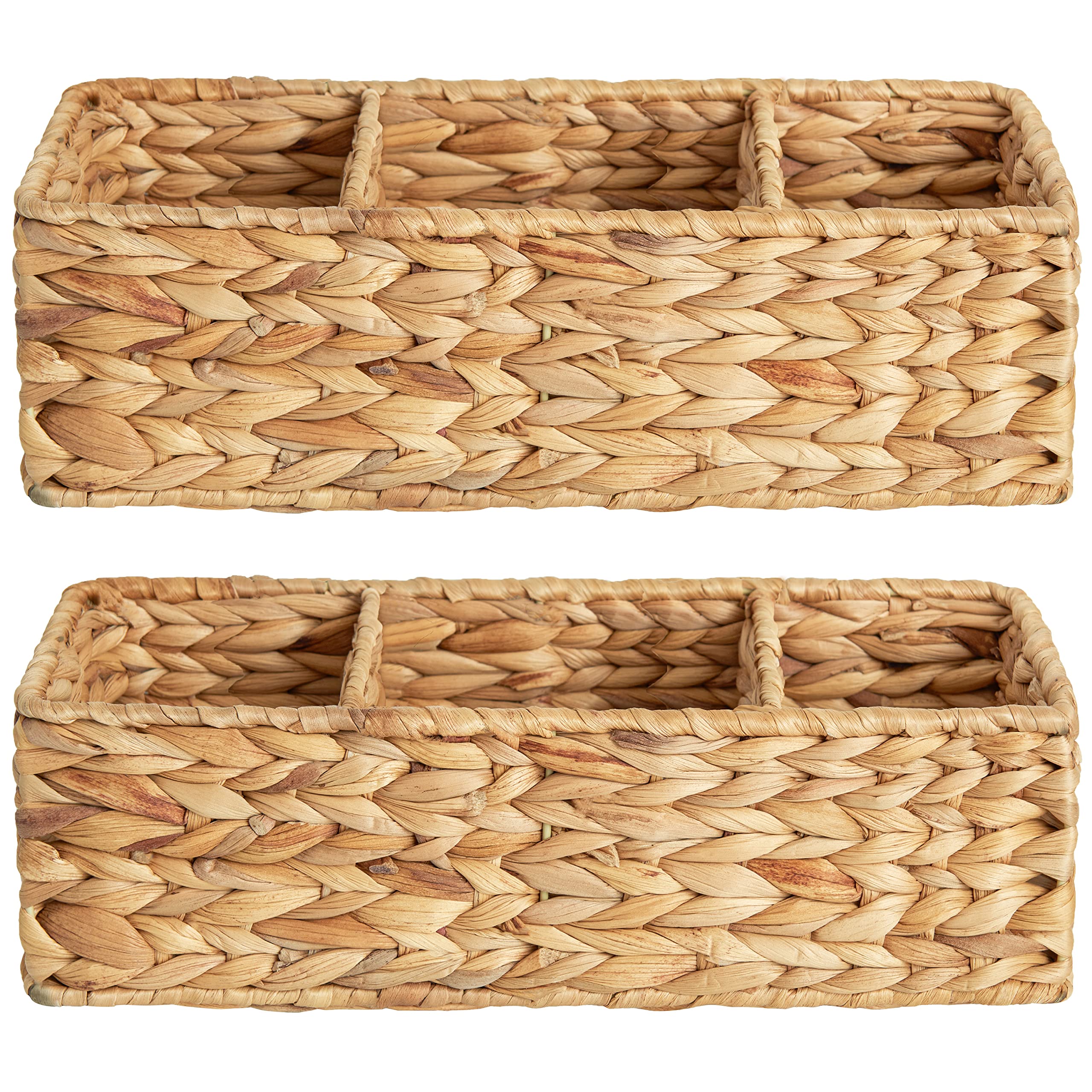 StorageWorks Wicker Toilet Basket Tank Topper, Toilet Paper Basket for Back of Toilet Tank Top, 3-Section Water Hyacinth Storage