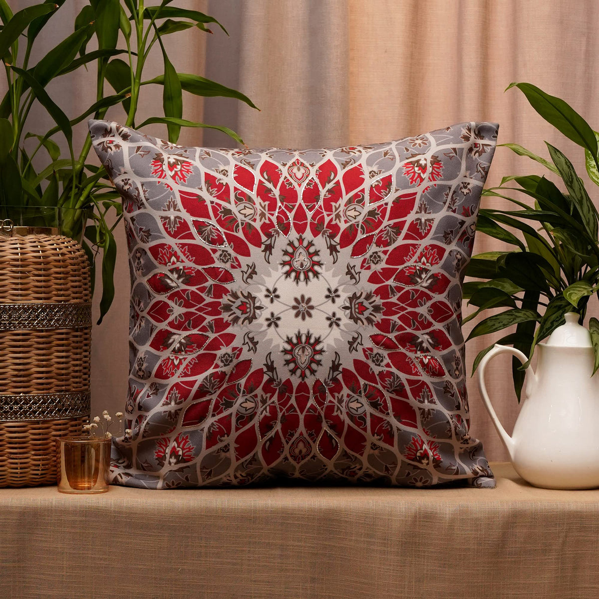 Zeba World Hand Embroidered Cushion Cover  Decorative | Sofa, Bedroom, Couch | Polycanvas Blend Floral Embrodiery  Grey  20X2