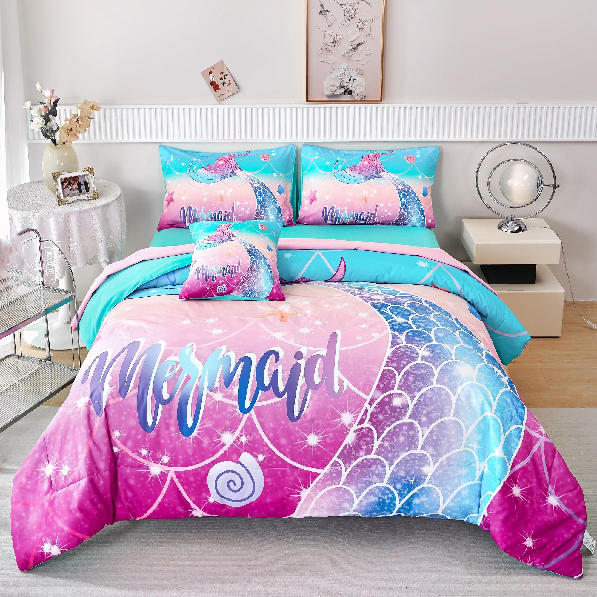 Rynghipy Kids Girls Comforter Set 6Pcs, Mermaid Bed In A Bag Queen Size, Fish Tail Print Teens Girls Bedding Set, Rainbow Beddin