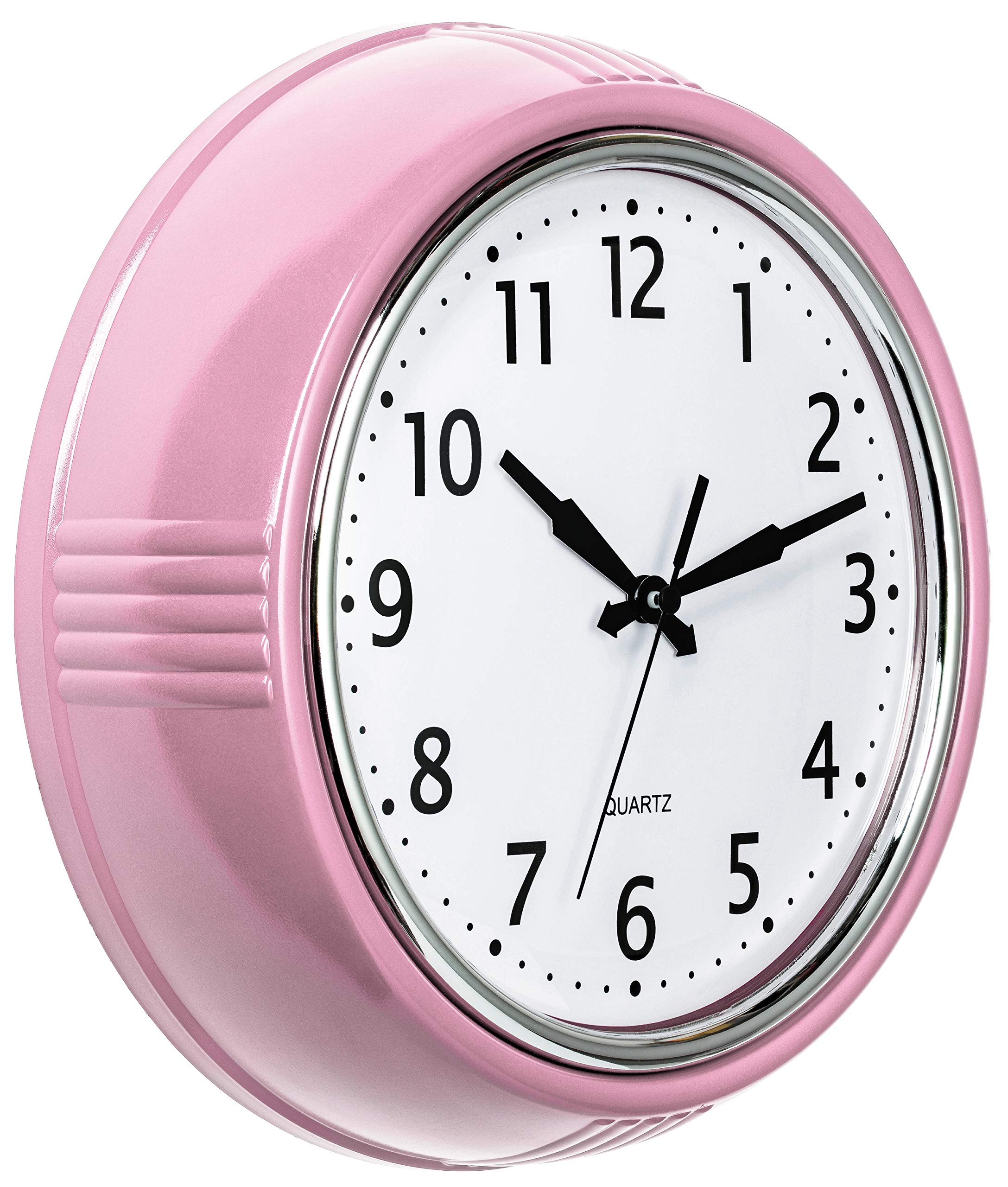 Bernhard Products Retro Wall Clock 12 Inch Pink Kitchen 50s Vintage Design Round Silent Non Ticking Battery Operated Quality Qu