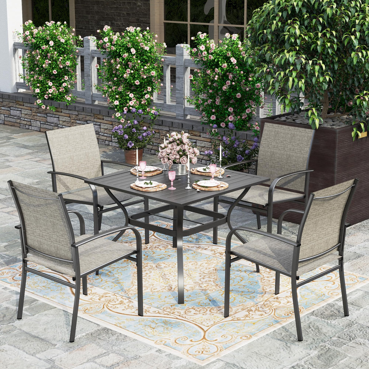 Hera'S House 5 Pieces Patio Dining Set, Outdoor Table And Chairs Set For 4, 4 X Brown Textilene Dining Chair, 37'' Square Metal