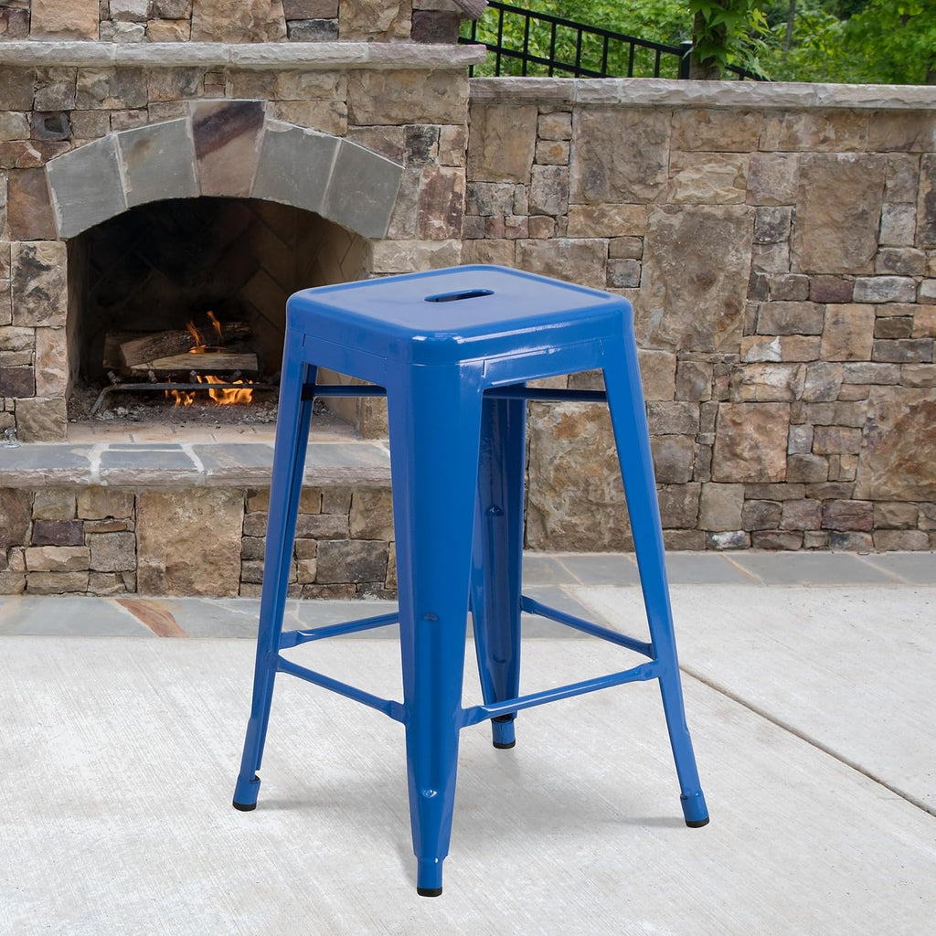 Commercial Grade 24 High Backless Blue Metal Indoor-Outdoor Counter Height Stool with Square Seat