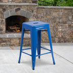 Commercial Grade 24 High Backless Blue Metal Indoor-Outdoor Counter Height Stool with Square Seat