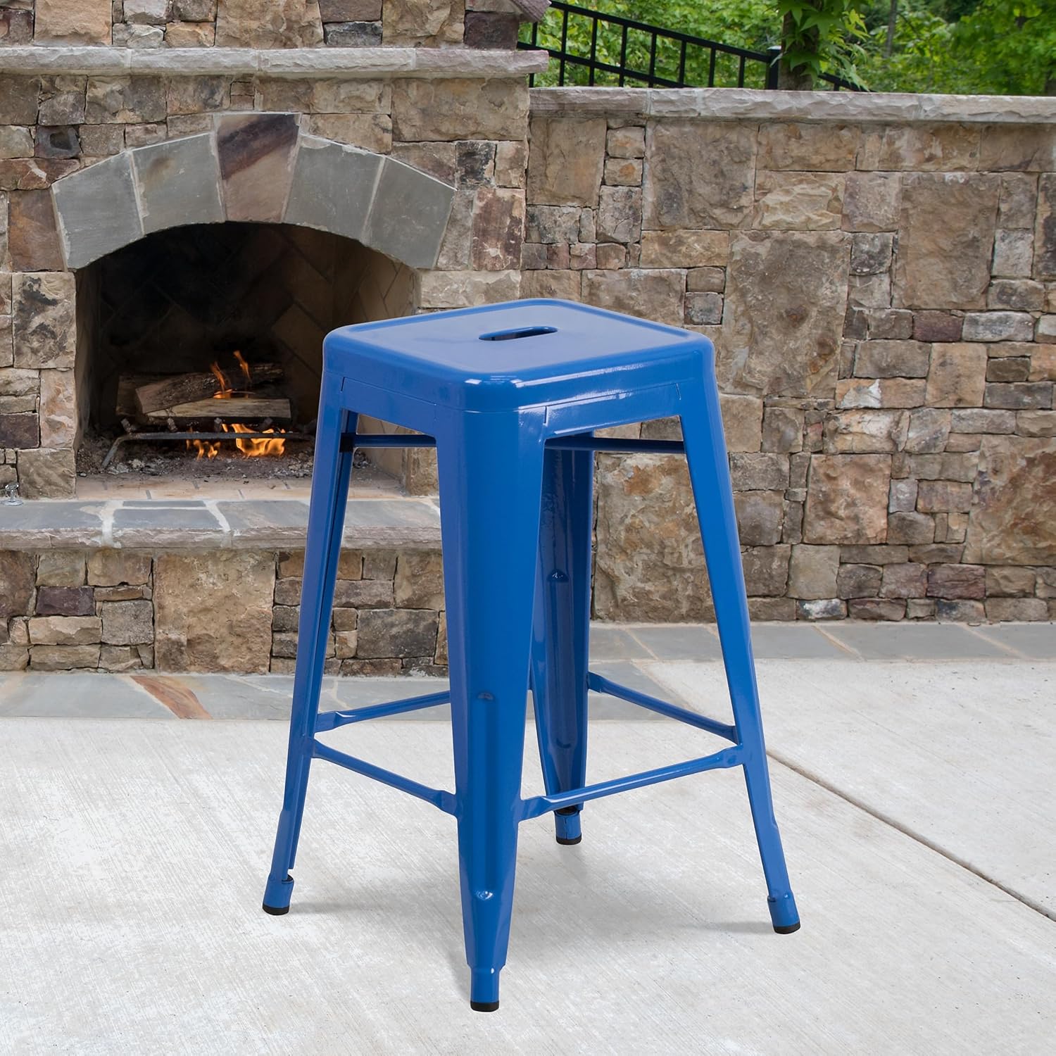 Commercial Grade 24 High Backless Blue Metal Indoor-Outdoor Counter Height Stool with Square Seat