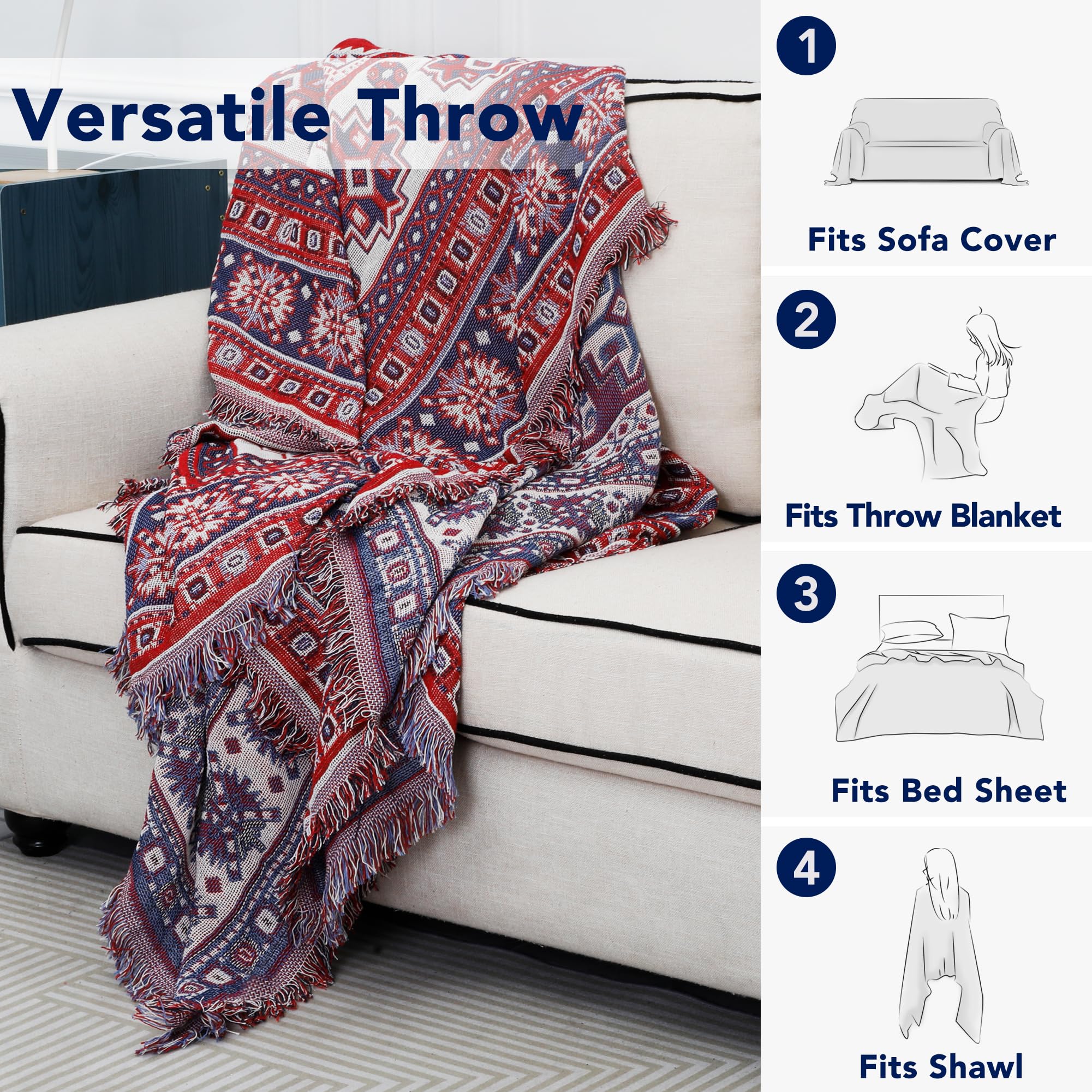 Purefit Geometric Jacquard Throw Sofa Cover - Textured Soft Washable Decorative Couch Covers For 3 Cushion Couch, Throw Cover With Tassels Furniture Protector For Pets, Kids (X-Large, Bohemia Red)