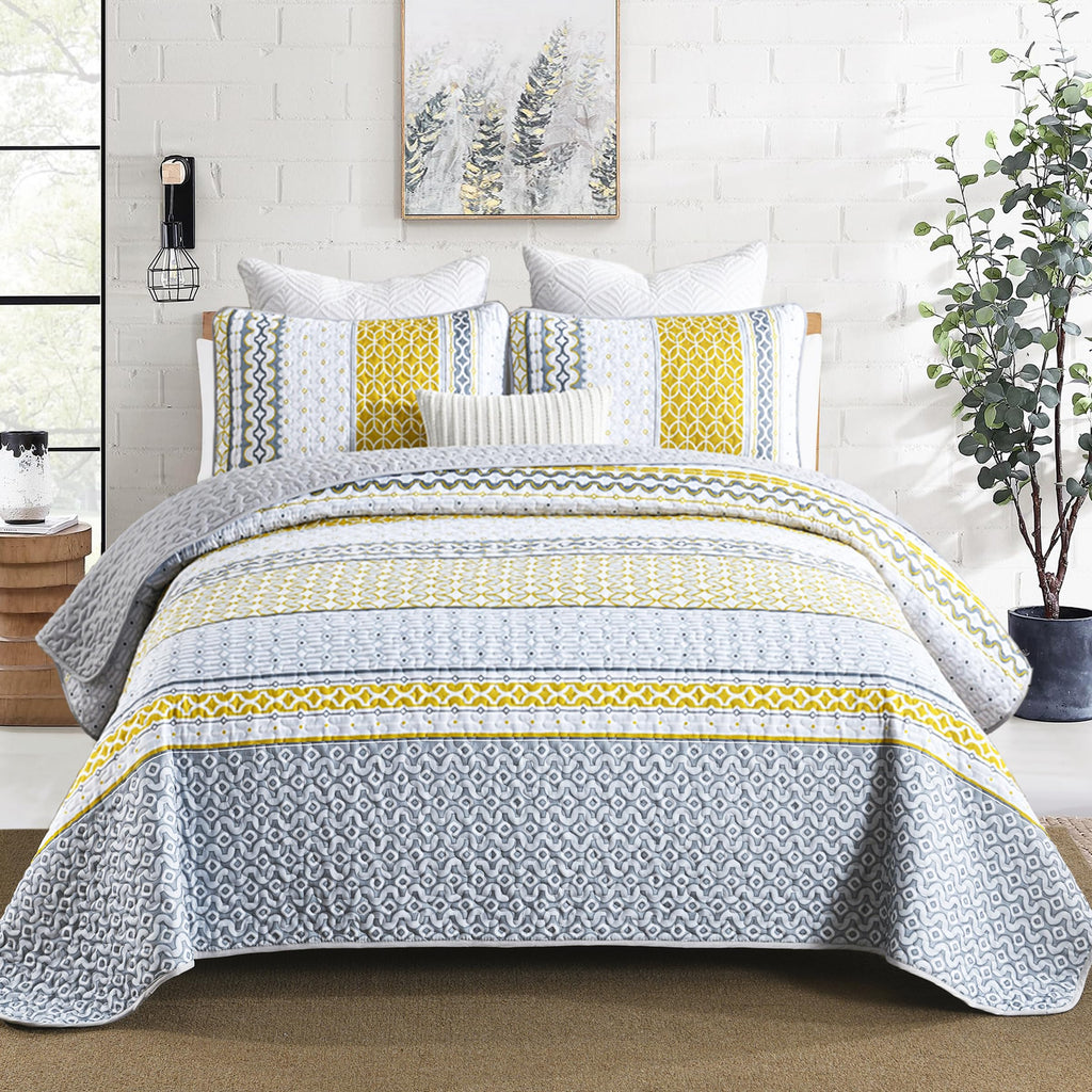 DJY Yellow Quilt Set Queen Size, Boho Yellow Grey Striped Bedspread Coverlet Set Soft Microfiber Patchwork Quilt Bedding Set 3 P