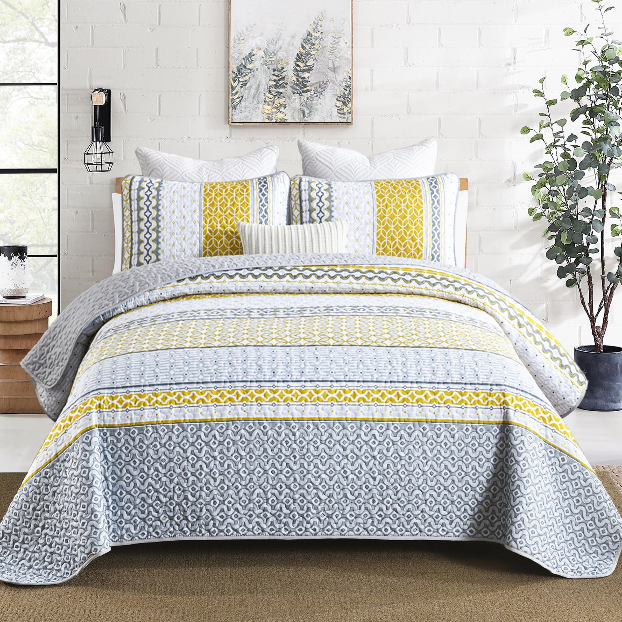 DJY Yellow Quilt Set Queen Size, Boho Yellow Grey Striped Bedspread Coverlet Set Soft Microfiber Patchwork Quilt Bedding Set 3 P