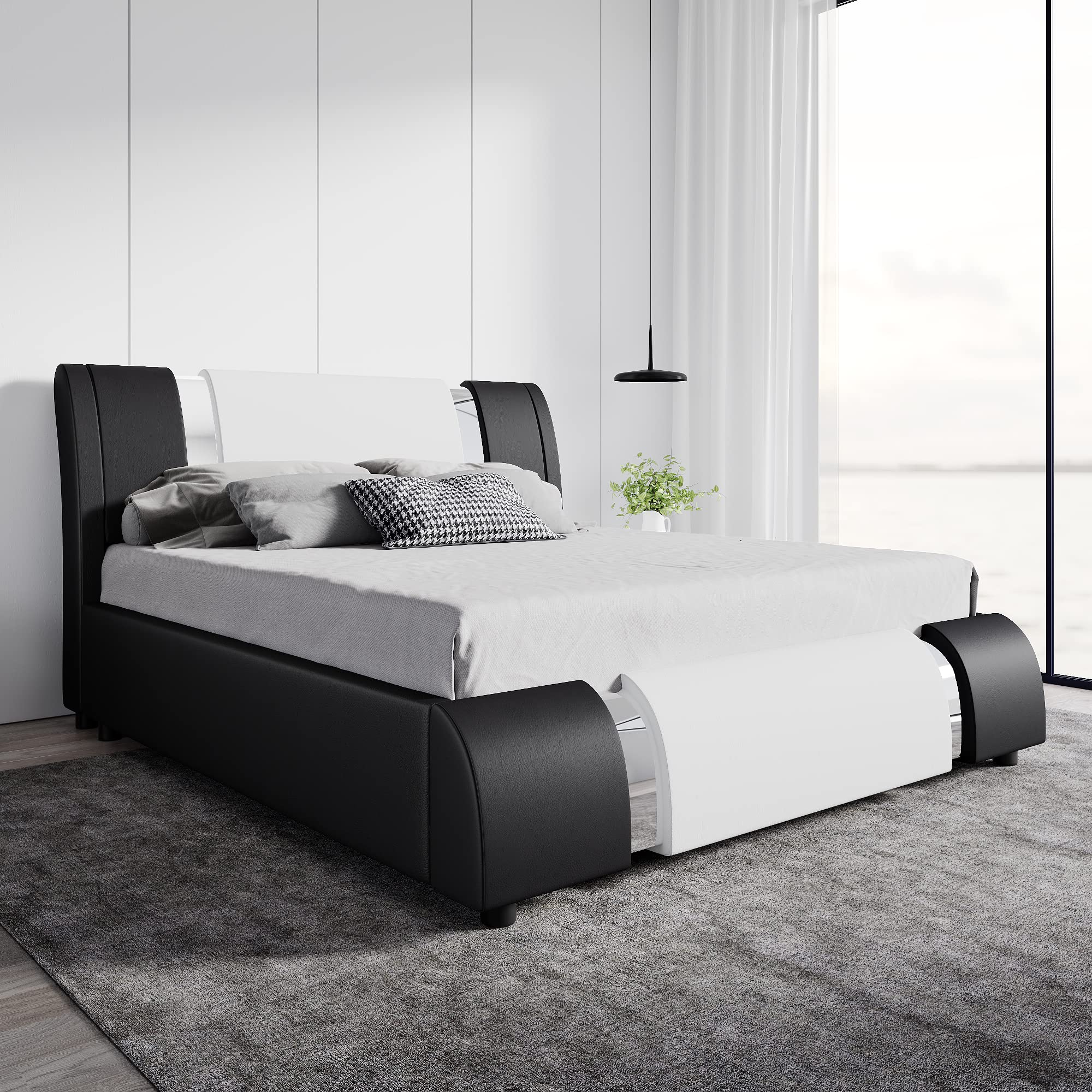 SHA CERLIN Queen Platform Bed Frame with Iron Pieces Decor and Adjustable Headboard/Deluxe Upholstered Modern Bed with Solid Woo