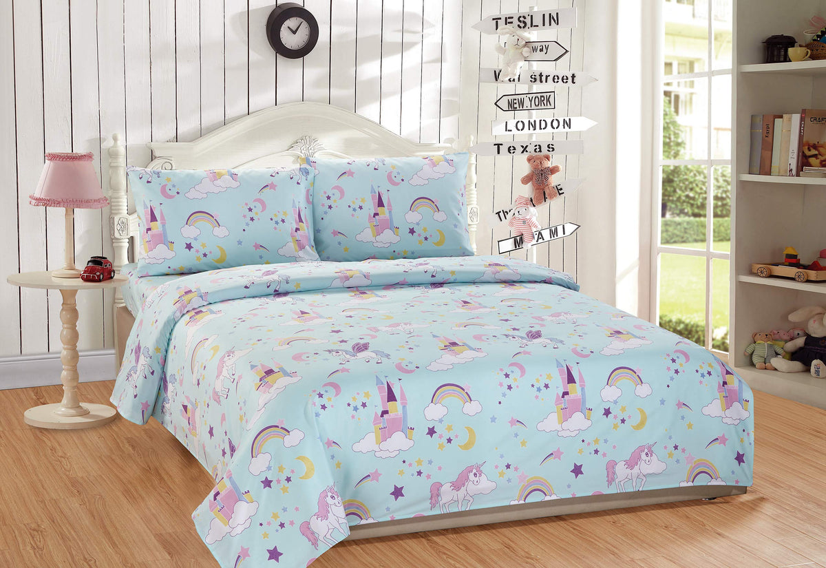 Mk Home 3Pc Twin Size Sheet Set For Girls Unicorn Blue Pink Purple Yellow White New