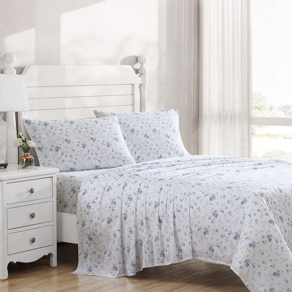 Laura Ashley Home - Queen Sheets, Soft Sateen Cotton Bedding Set - Sleek, Smooth, & Breathable Home Decor (Garden Muse Blue, 4 Pieces, Queen)