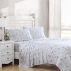 Laura Ashley Home - Queen Sheets, Soft Sateen Cotton Bedding Set - Sleek, Smooth, & Breathable Home Decor (Garden Muse Blue, 4 Pieces, Queen)