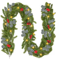 Palonu 6.6Ft Prelit Christmas Norfolk Garland, Artificial Thick Fork Norfolk Pine with Red Berries Eucalyptus Leaves LED Lights,