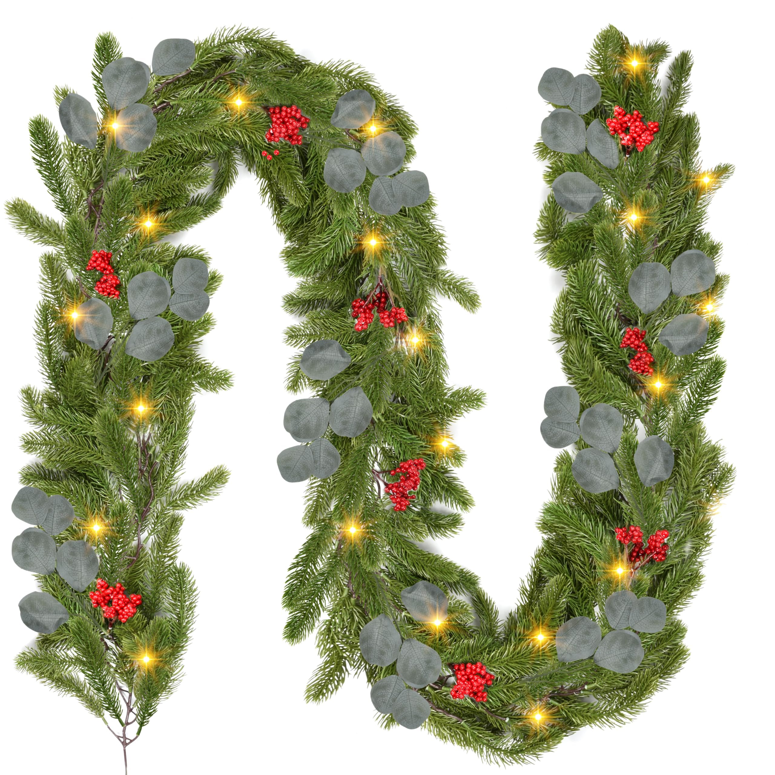 Palonu 6.6Ft Prelit Christmas Norfolk Garland, Artificial Thick Fork Norfolk Pine with Red Berries Eucalyptus Leaves LED Lights,