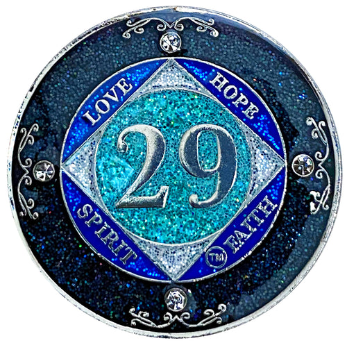 (Years 1-50) Na 29 Year Crystals And Glitter Medallion, Silver Color Plated Coin, Black Rainbow, Blue Glitter And Four Clear Cry
