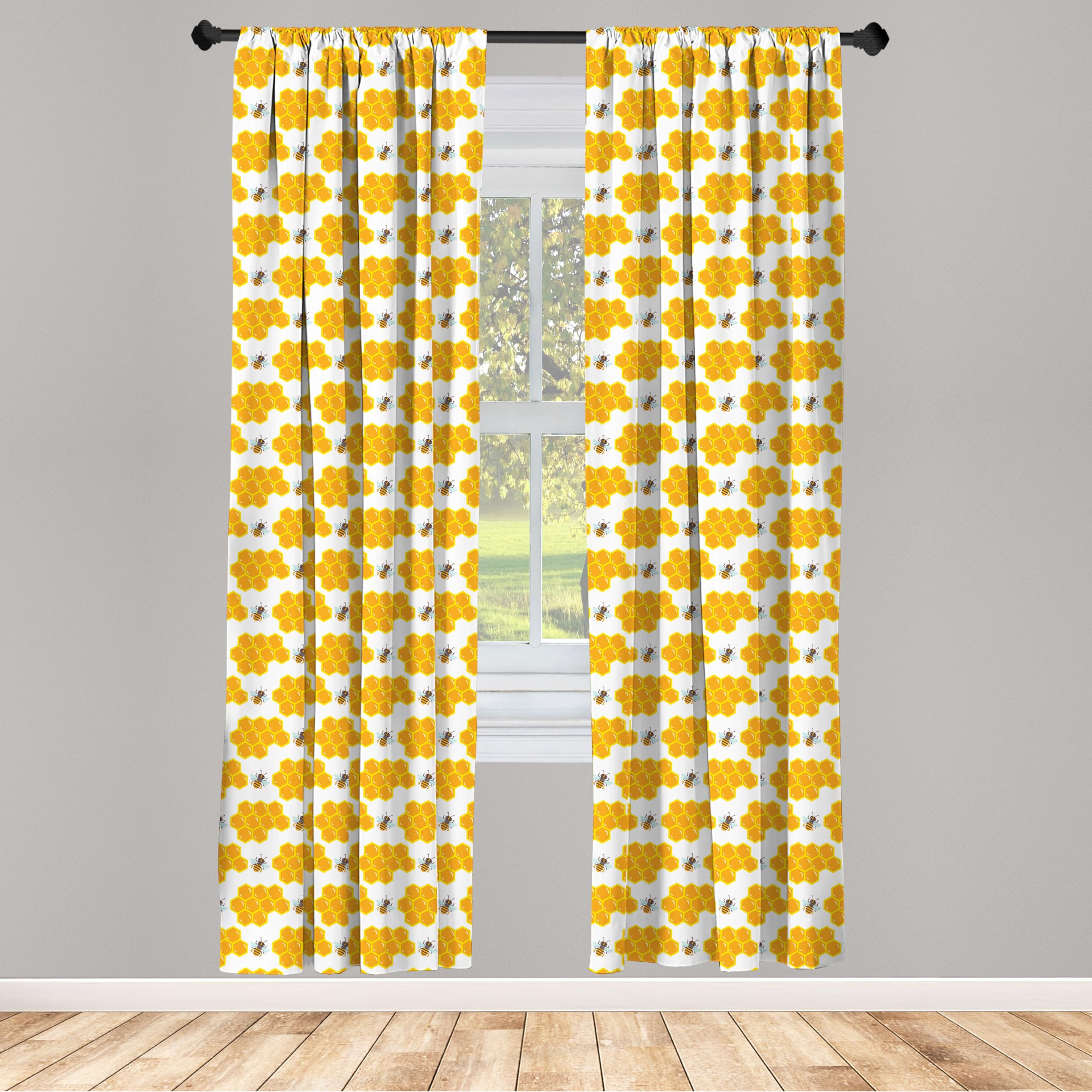 Ambesonne Cartoon Window Curtains, Bumble Bee Along Honey Comb Pattern Hexagonal Themed Illustration, Lightweight Decor 2-Panel