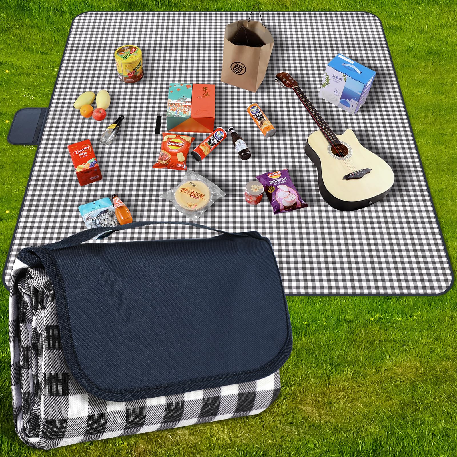 GUSUWU Picnic Blanket Waterproof Beach Rug 80x118 Picnic Mat Washable Lightweight with Handle Navy Blue Checkered for Hiking