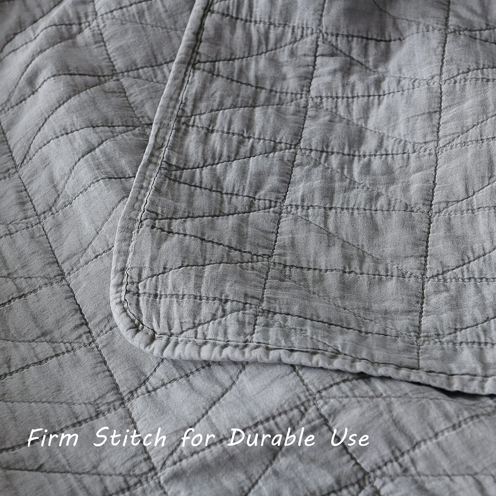 Horimote Home Quilt Set Queen Size, Stone-Washed Chic Rustic Grey Quilt With Classic Triangle Stitched Pattern, Ultra Soft Light