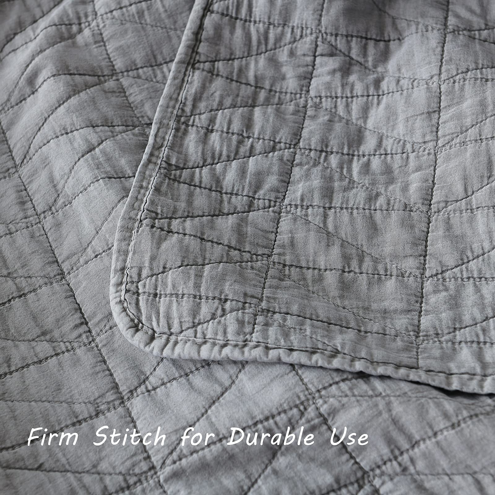 Horimote Home Quilt Set Queen Size, Stone-Washed Chic Rustic Grey Quilt With Classic Triangle Stitched Pattern, Ultra Soft Light