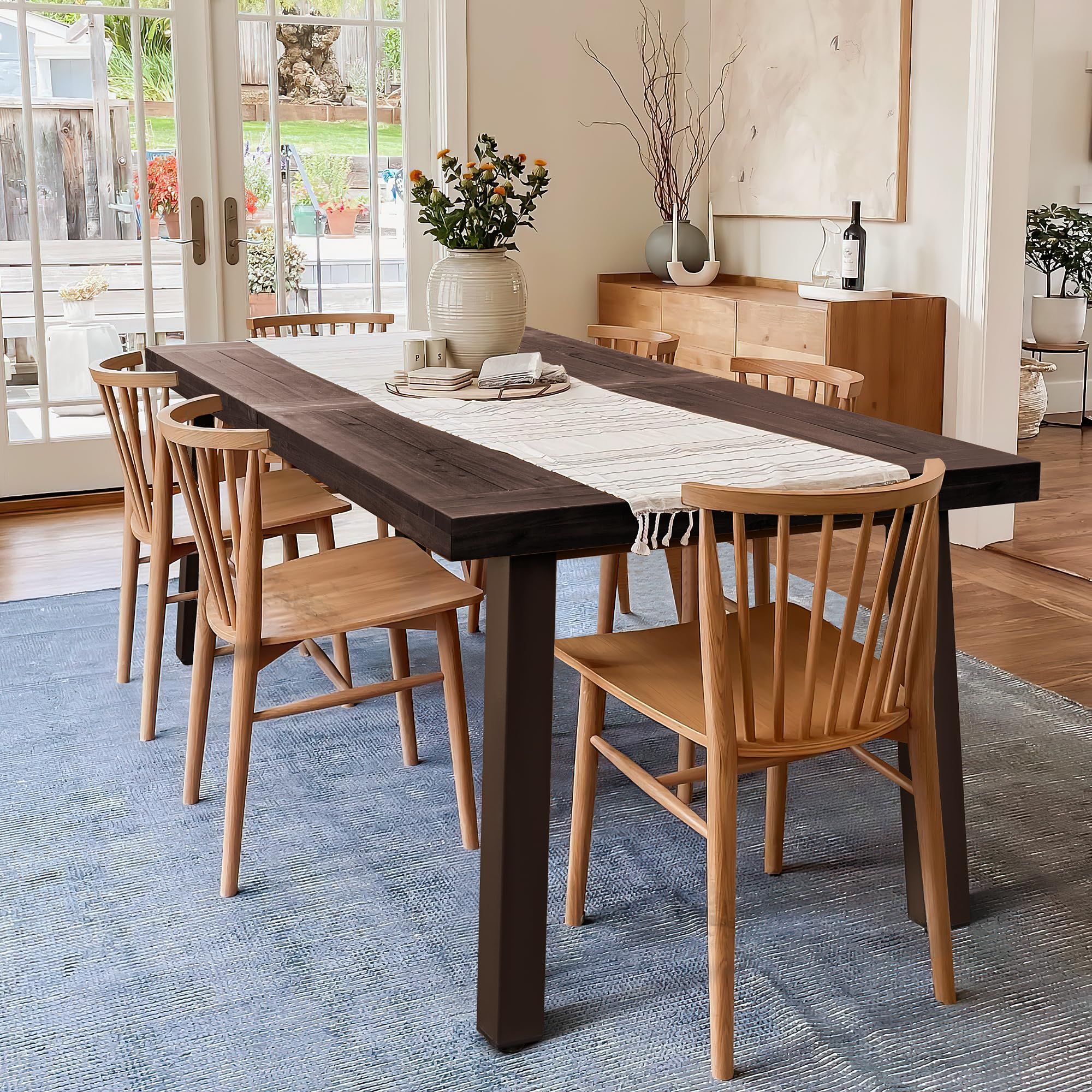 Devoko Home Acacia Wood Dining Table 6-Person Indoor Outdoor Table with Iron Legs, Sandblast Finish, Natural Stained, Rustic Met