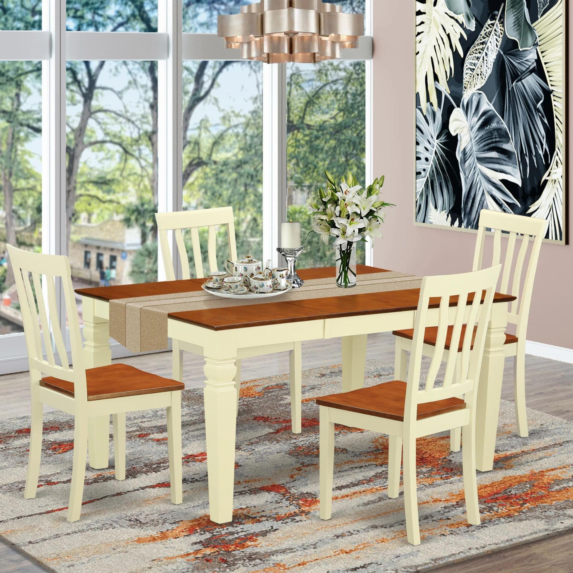 East West Furniture WEAN5-BMK-W 5 Piece Dining Room Furniture Set Includes a Rectangle Kitchen Table with Butterfly Leaf and 4 Dining Chairs, 42x60 Inch, Buttermilk & Cherry