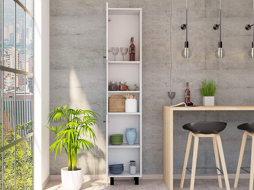 Kitchen Pantry 79" H, 2 Open Storage Shelves, 3 Internal Shelves, 2 Doors, 4 Legs, White