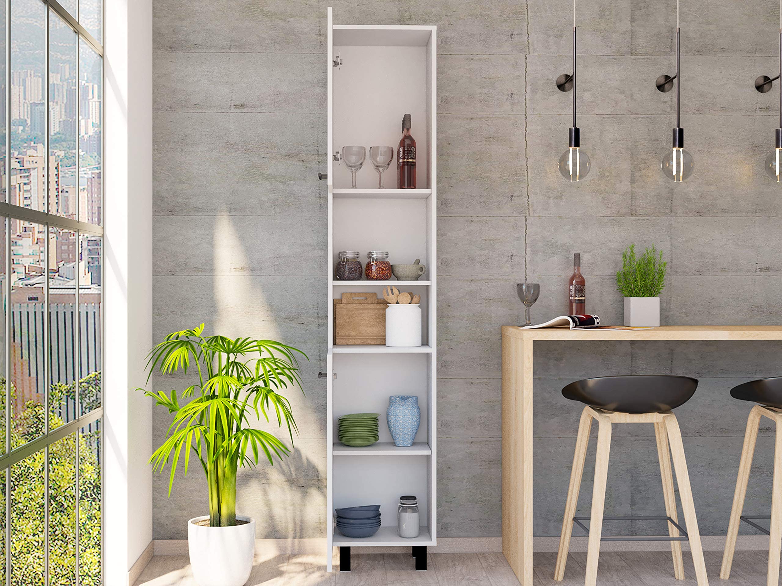 Kitchen Pantry 79" H, 2 Open Storage Shelves, 3 Internal Shelves, 2 Doors, 4 Legs, White